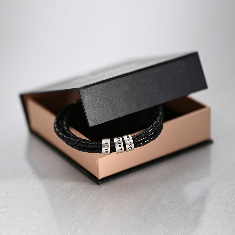 Men's Black Leather Bracelet – Customizable with Silver or Gold Finishes 